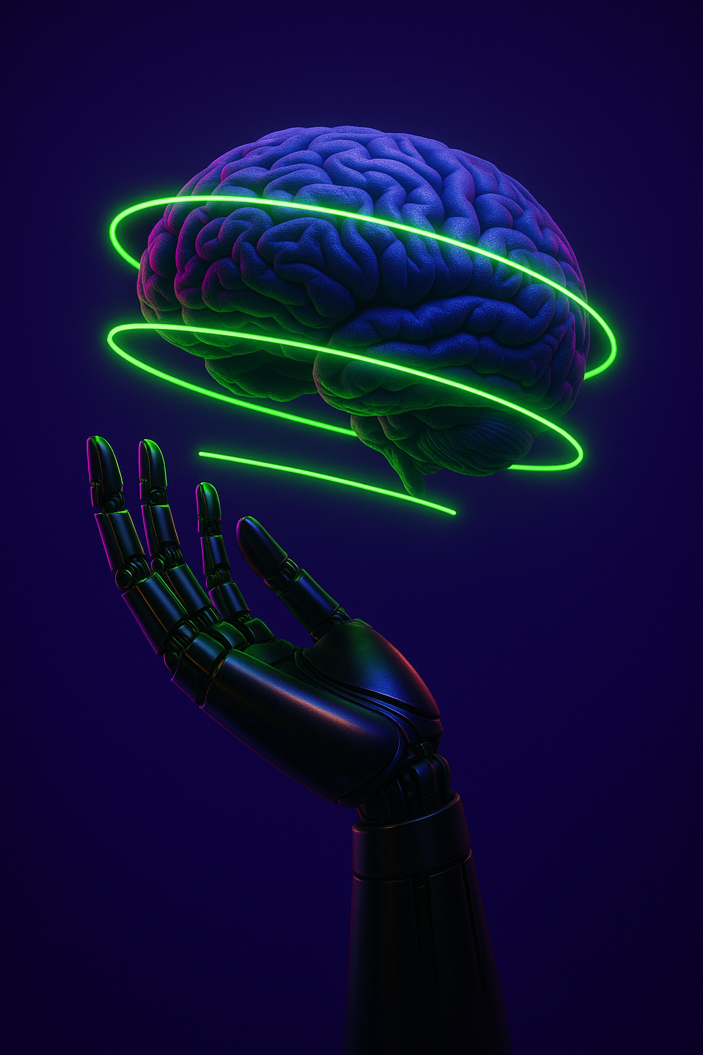 Mano robótica sosteniendo un cerebro con halos neón